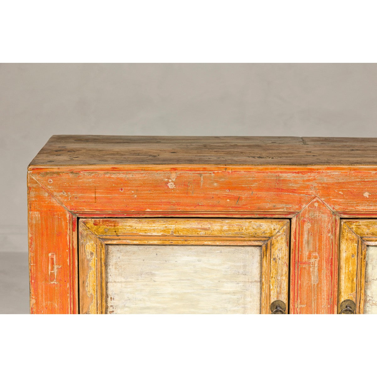 Country Style Painted Two-Door Buffet with Distressed Orange and Off-White Color-9. Asian & Chinese Furniture, Art, Antiques, Vintage Home Décor for sale at FEA Home