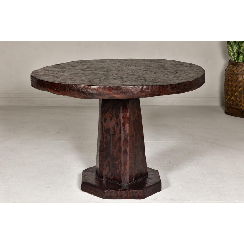 Teak Wood Round Top Center Pedestal Table with Dark Stain, Vintage-YN7997-10. Asian & Chinese Furniture, Art, Antiques, Vintage Home Décor for sale at FEA Home