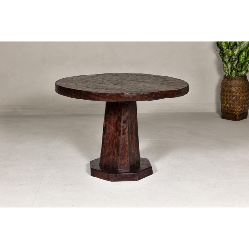 Teak Wood Round Top Center Pedestal Table with Dark Stain, Vintage-YN7997-3. Asian & Chinese Furniture, Art, Antiques, Vintage Home Décor for sale at FEA Home