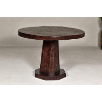 Teak Wood Round Top Center Pedestal Table with Dark Stain, Vintage