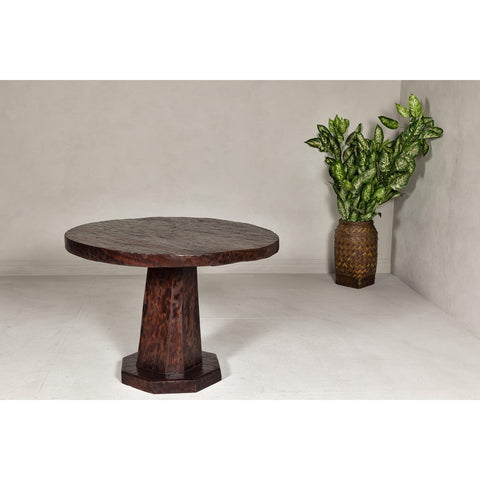 Teak Wood Round Top Center Pedestal Table with Dark Stain, Vintage-YN7997-6. Asian & Chinese Furniture, Art, Antiques, Vintage Home Décor for sale at FEA Home