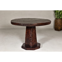 Teak Wood Round Top Center Pedestal Table with Dark Stain, Vintage