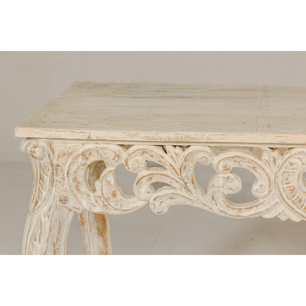 Rococo Style Painted Console Table with Carved Apron and Distressed Finish-11. Asian & Chinese Furniture, Art, Antiques, Vintage Home Décor for sale at FEA Home