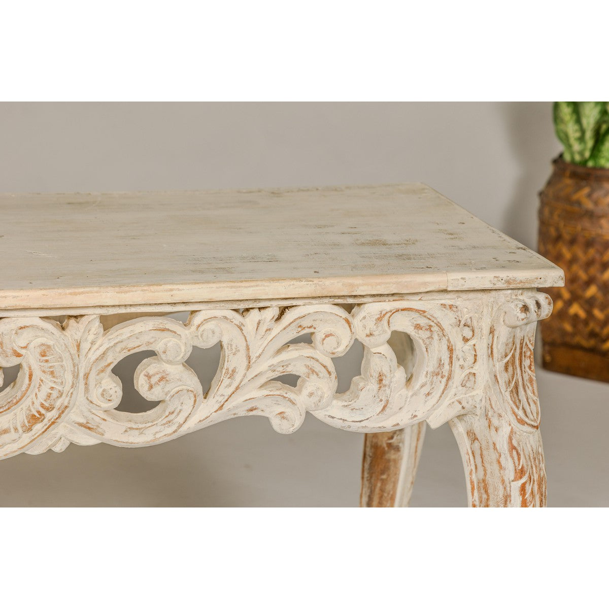 Rococo Style Painted Console Table with Carved Apron and Distressed Finish-13. Asian & Chinese Furniture, Art, Antiques, Vintage Home Décor for sale at FEA Home