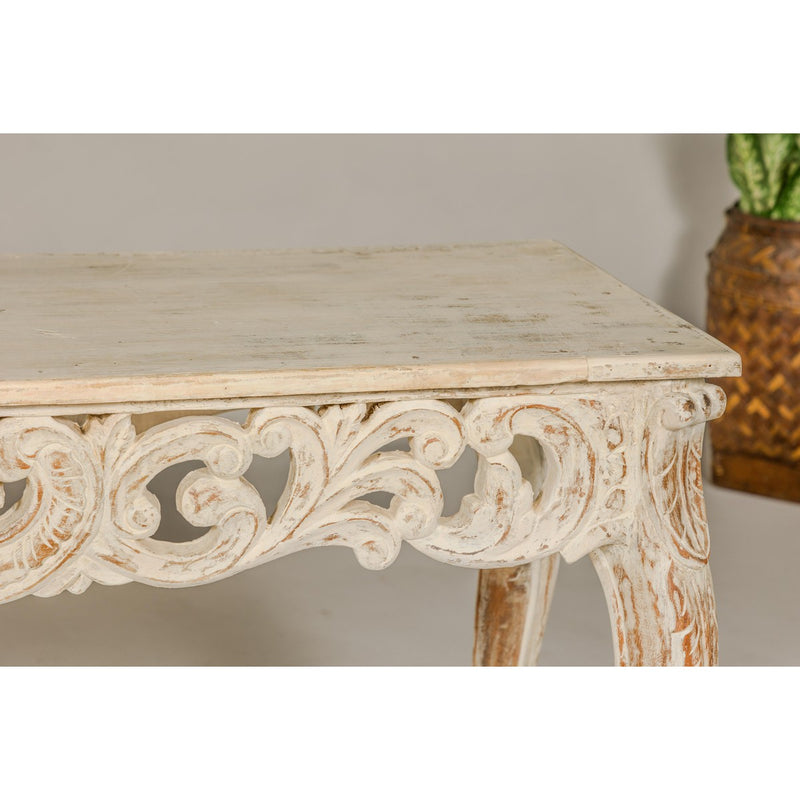 Rococo Style Painted Console Table with Carved Apron and Distressed Finish-YN7998-13. Asian & Chinese Furniture, Art, Antiques, Vintage Home Décor for sale at FEA Home