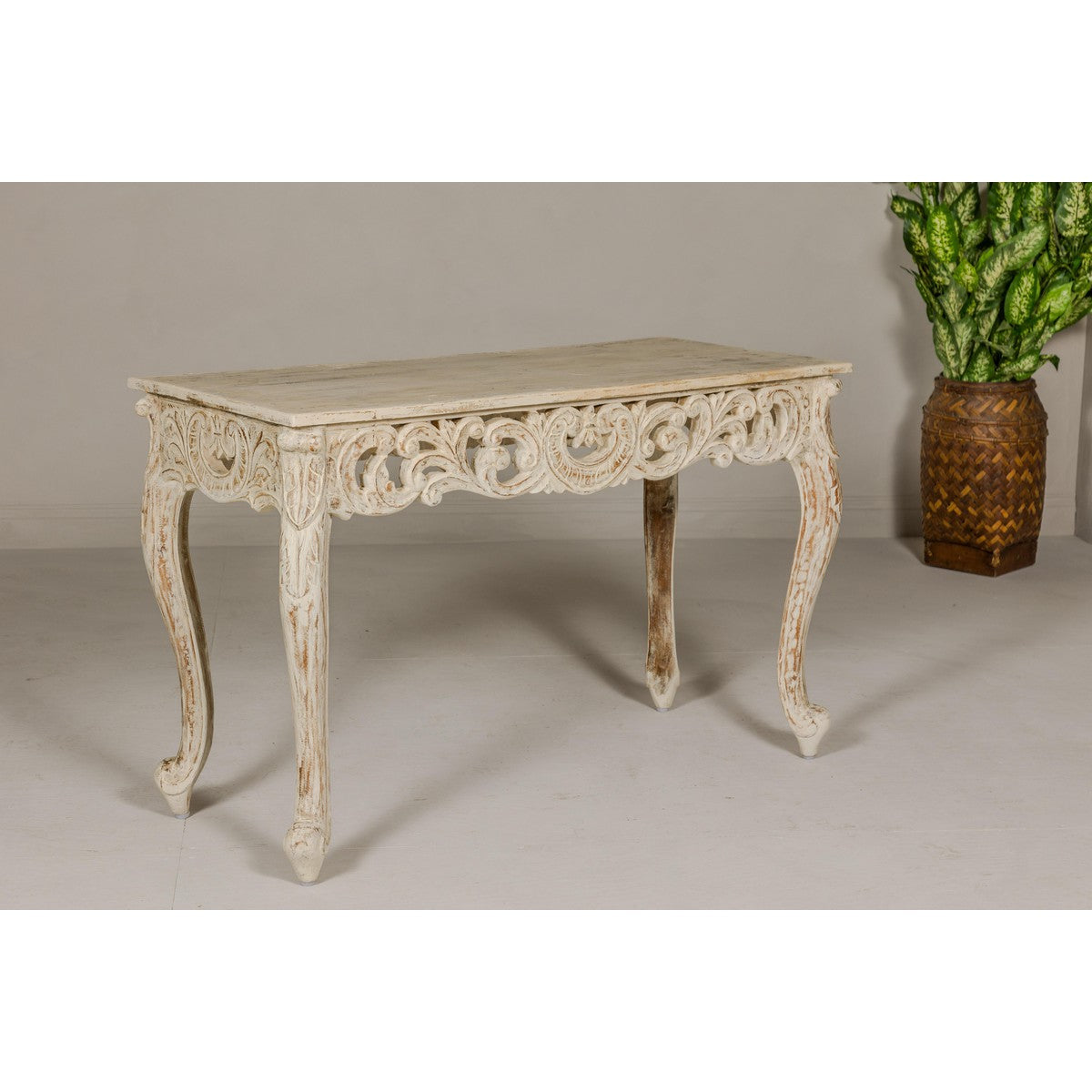 Rococo Style Painted Console Table with Carved Apron and Distressed Finish-14. Asian & Chinese Furniture, Art, Antiques, Vintage Home Décor for sale at FEA Home