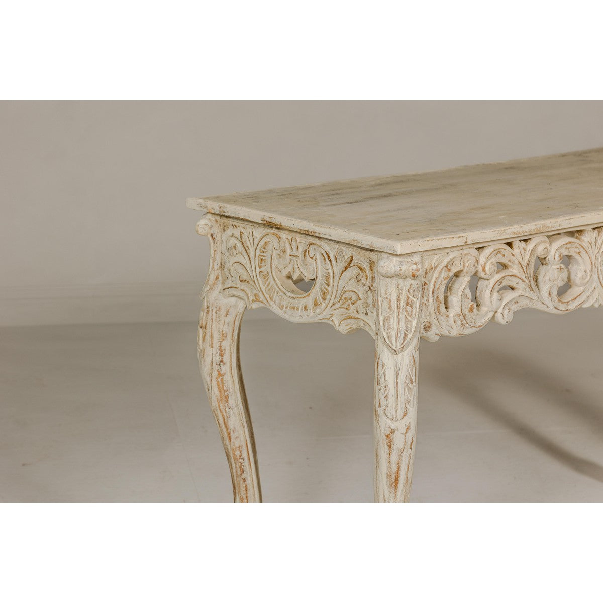 Rococo Style Painted Console Table with Carved Apron and Distressed Finish-15. Asian & Chinese Furniture, Art, Antiques, Vintage Home Décor for sale at FEA Home