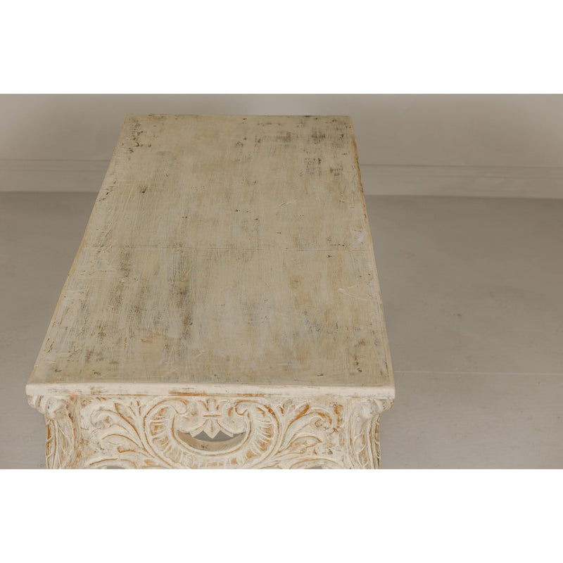 Rococo Style Painted Console Table with Carved Apron and Distressed Finish-YN7998-17. Asian & Chinese Furniture, Art, Antiques, Vintage Home Décor for sale at FEA Home