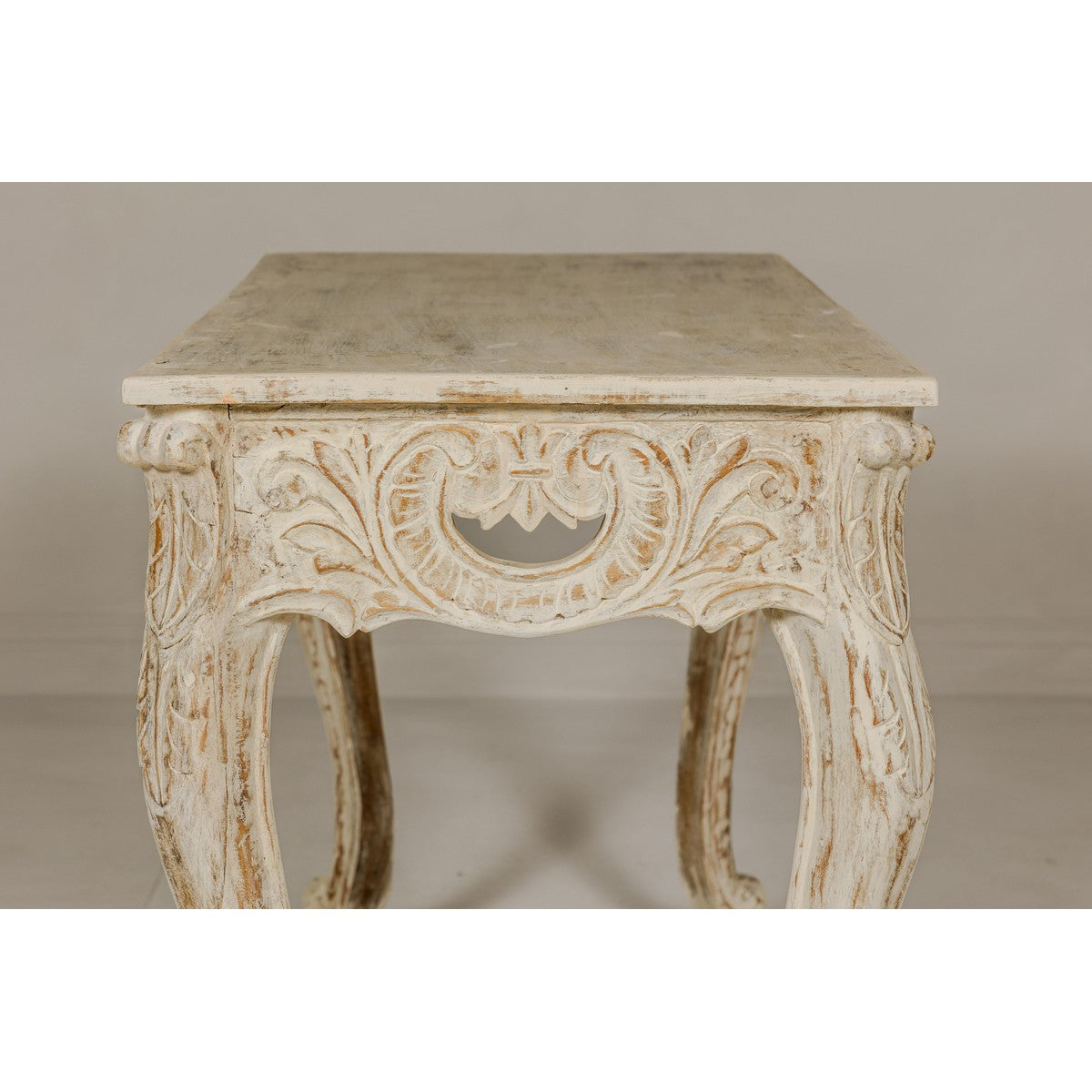 Rococo Style Painted Console Table with Carved Apron and Distressed Finish-18. Asian & Chinese Furniture, Art, Antiques, Vintage Home Décor for sale at FEA Home