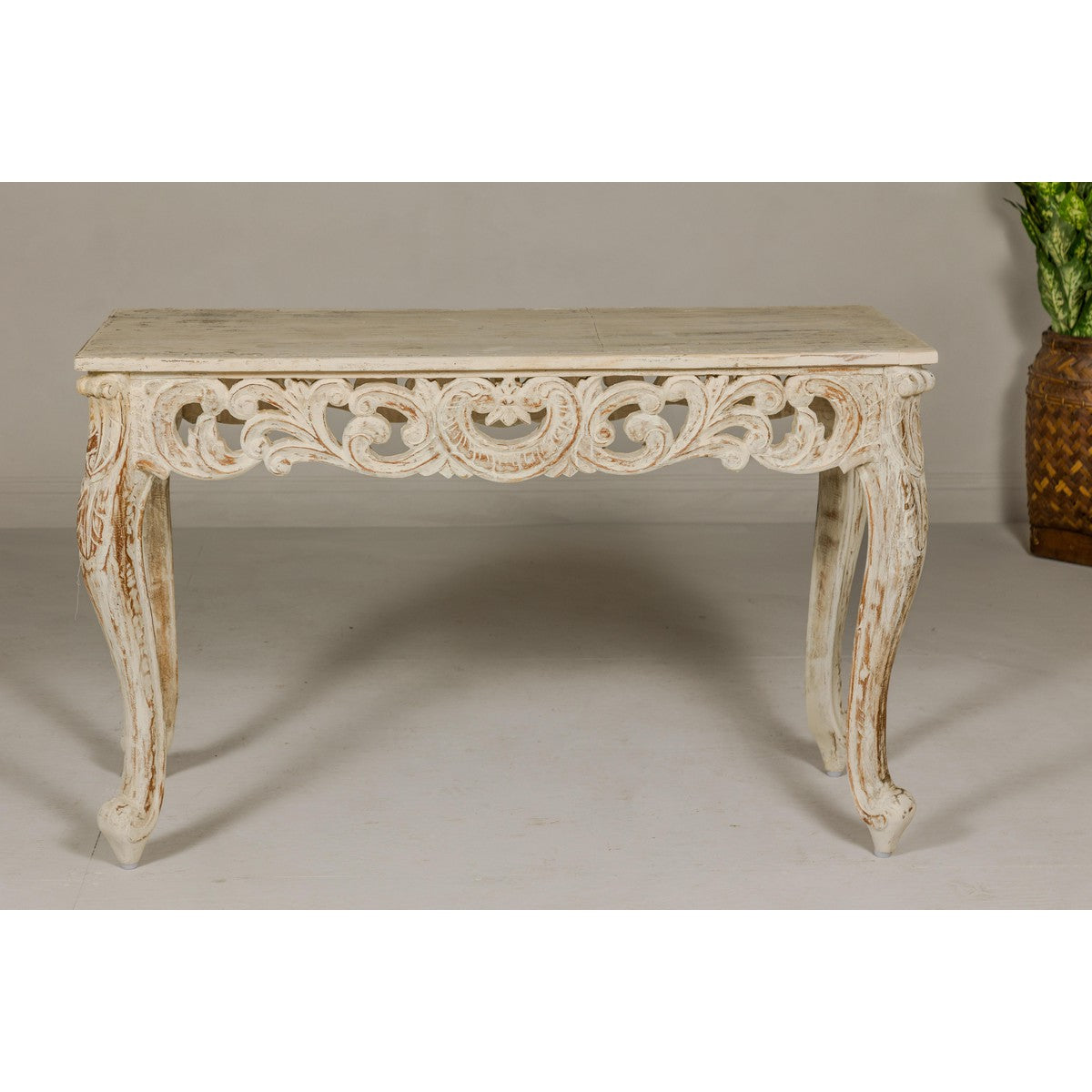 Rococo Style Painted Console Table with Carved Apron and Distressed Finish-19. Asian & Chinese Furniture, Art, Antiques, Vintage Home Décor for sale at FEA Home