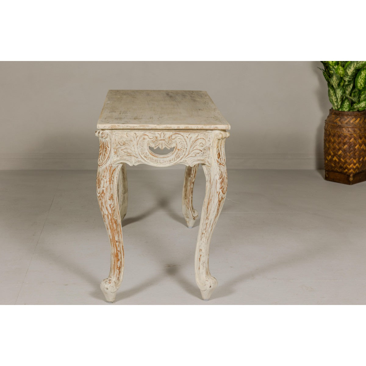 Rococo Style Painted Console Table with Carved Apron and Distressed Finish-20. Asian & Chinese Furniture, Art, Antiques, Vintage Home Décor for sale at FEA Home