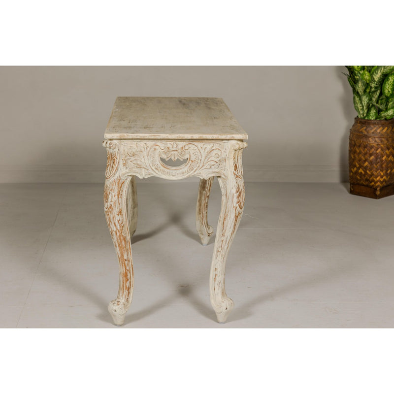 Rococo Style Painted Console Table with Carved Apron and Distressed Finish-YN7998-20. Asian & Chinese Furniture, Art, Antiques, Vintage Home Décor for sale at FEA Home