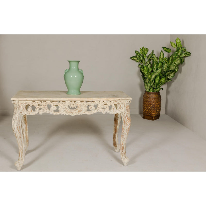 Rococo Style Painted Console Table with Carved Apron and Distressed Finish-YN7998-2. Asian & Chinese Furniture, Art, Antiques, Vintage Home Décor for sale at FEA Home