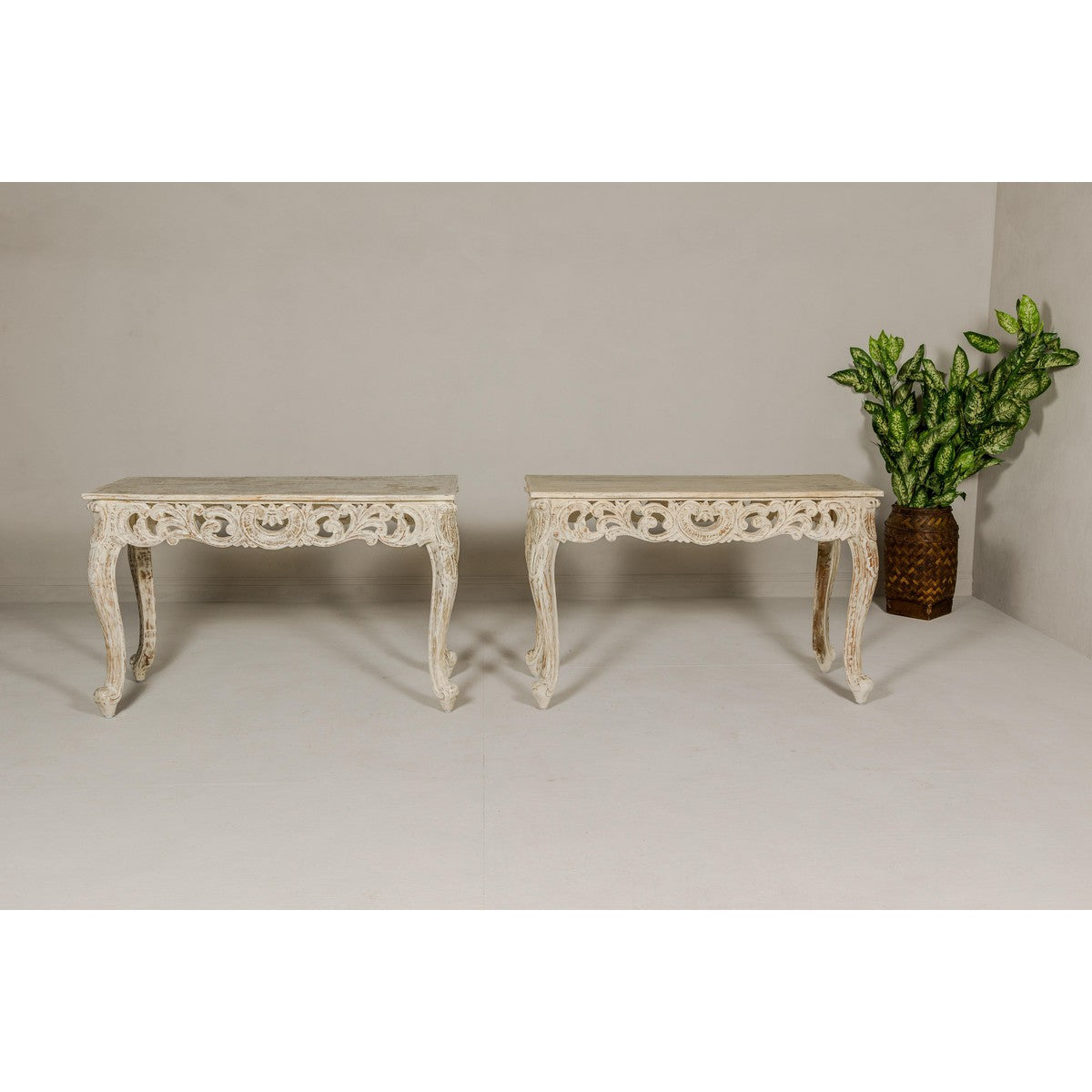 Rococo Style Painted Console Table with Carved Apron and Distressed Finish-3. Asian & Chinese Furniture, Art, Antiques, Vintage Home Décor for sale at FEA Home