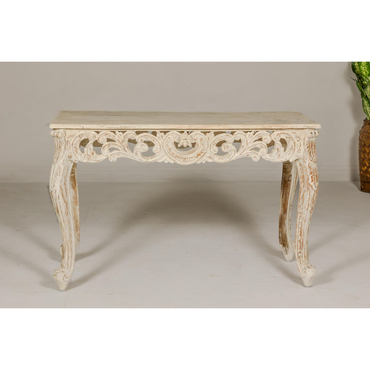 Rococo Style Painted Console Table with Carved Apron and Distressed Finish-4. Asian & Chinese Furniture, Art, Antiques, Vintage Home Décor for sale at FEA Home