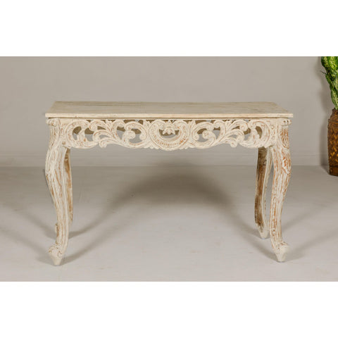 Rococo Style Painted Console Table with Carved Apron and Distressed Finish-YN7998-4. Asian & Chinese Furniture, Art, Antiques, Vintage Home Décor for sale at FEA Home