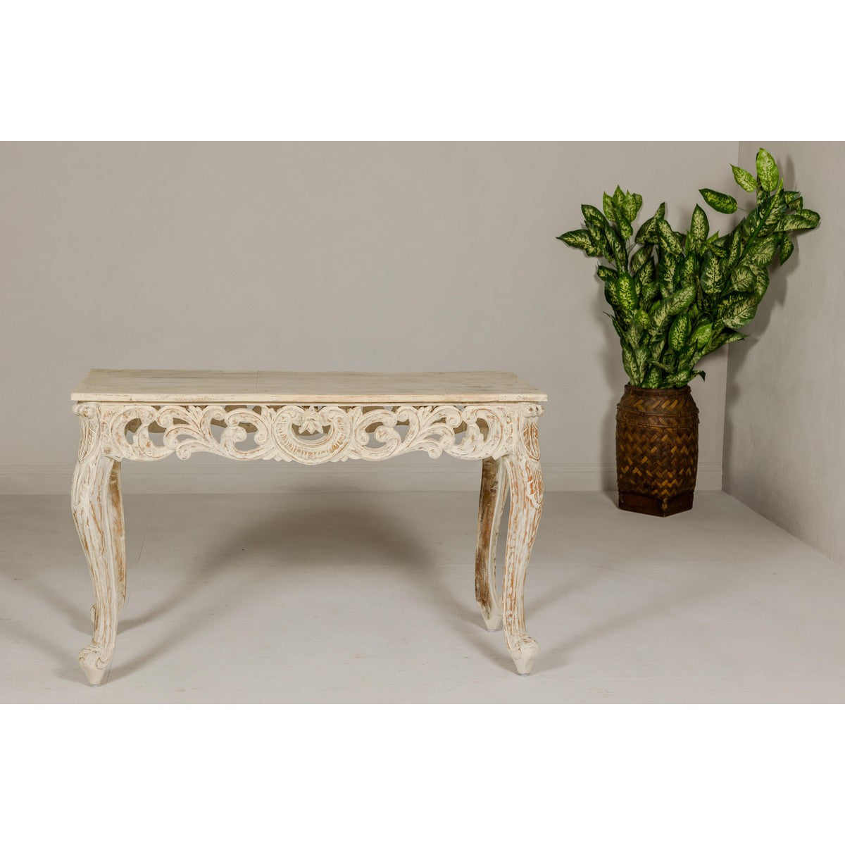 Rococo Style Painted Console Table with Carved Apron and Distressed Finish-5. Asian & Chinese Furniture, Art, Antiques, Vintage Home Décor for sale at FEA Home