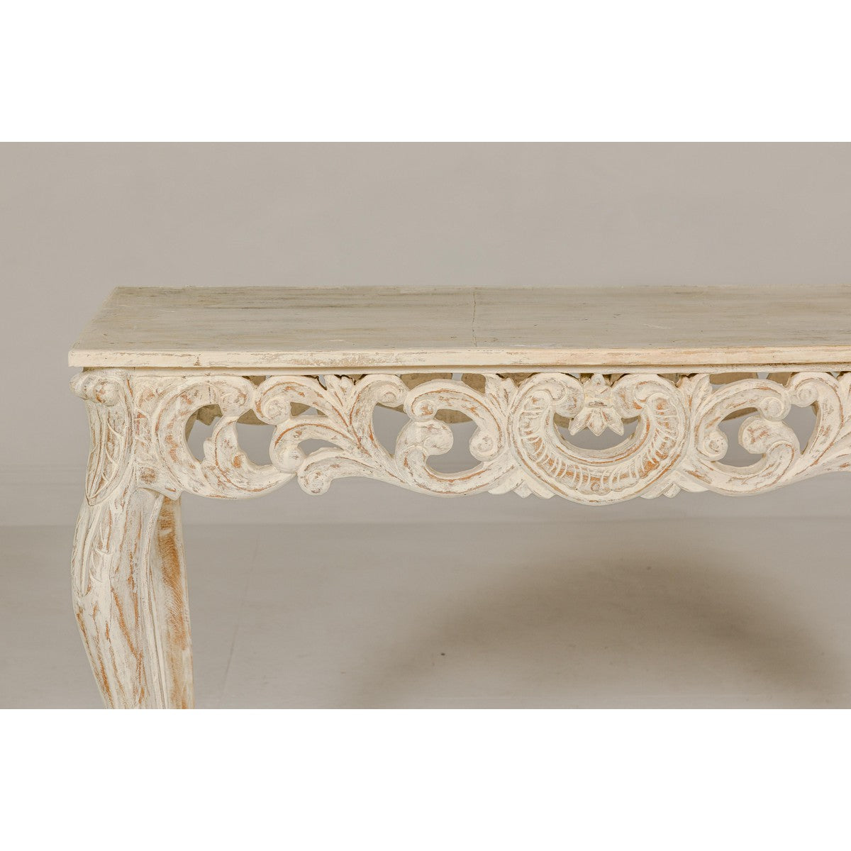 Rococo Style Painted Console Table with Carved Apron and Distressed Finish-6. Asian & Chinese Furniture, Art, Antiques, Vintage Home Décor for sale at FEA Home