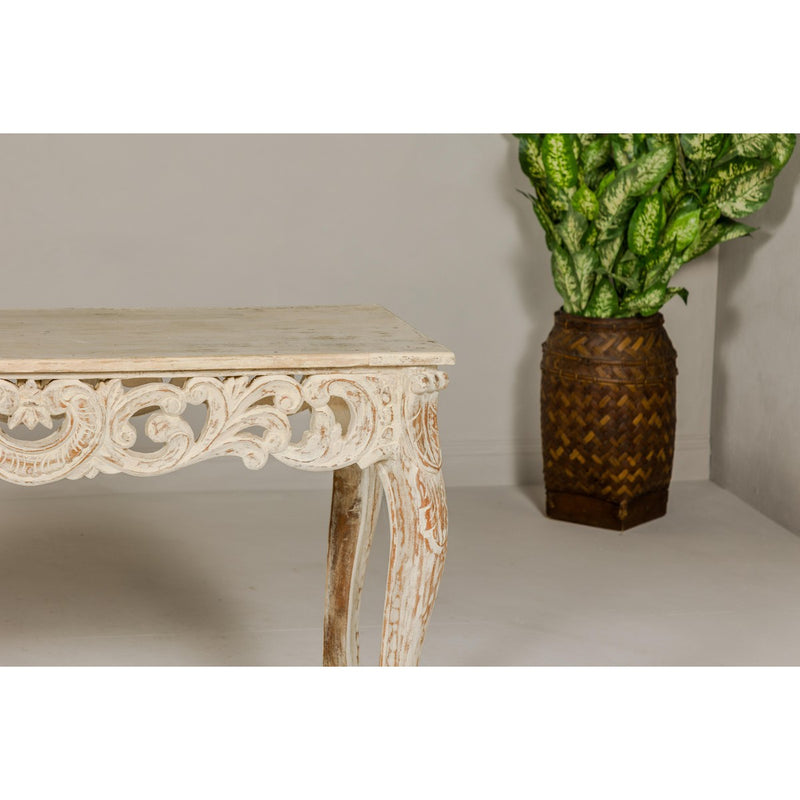 Rococo Style Painted Console Table with Carved Apron and Distressed Finish-YN7998-7. Asian & Chinese Furniture, Art, Antiques, Vintage Home Décor for sale at FEA Home
