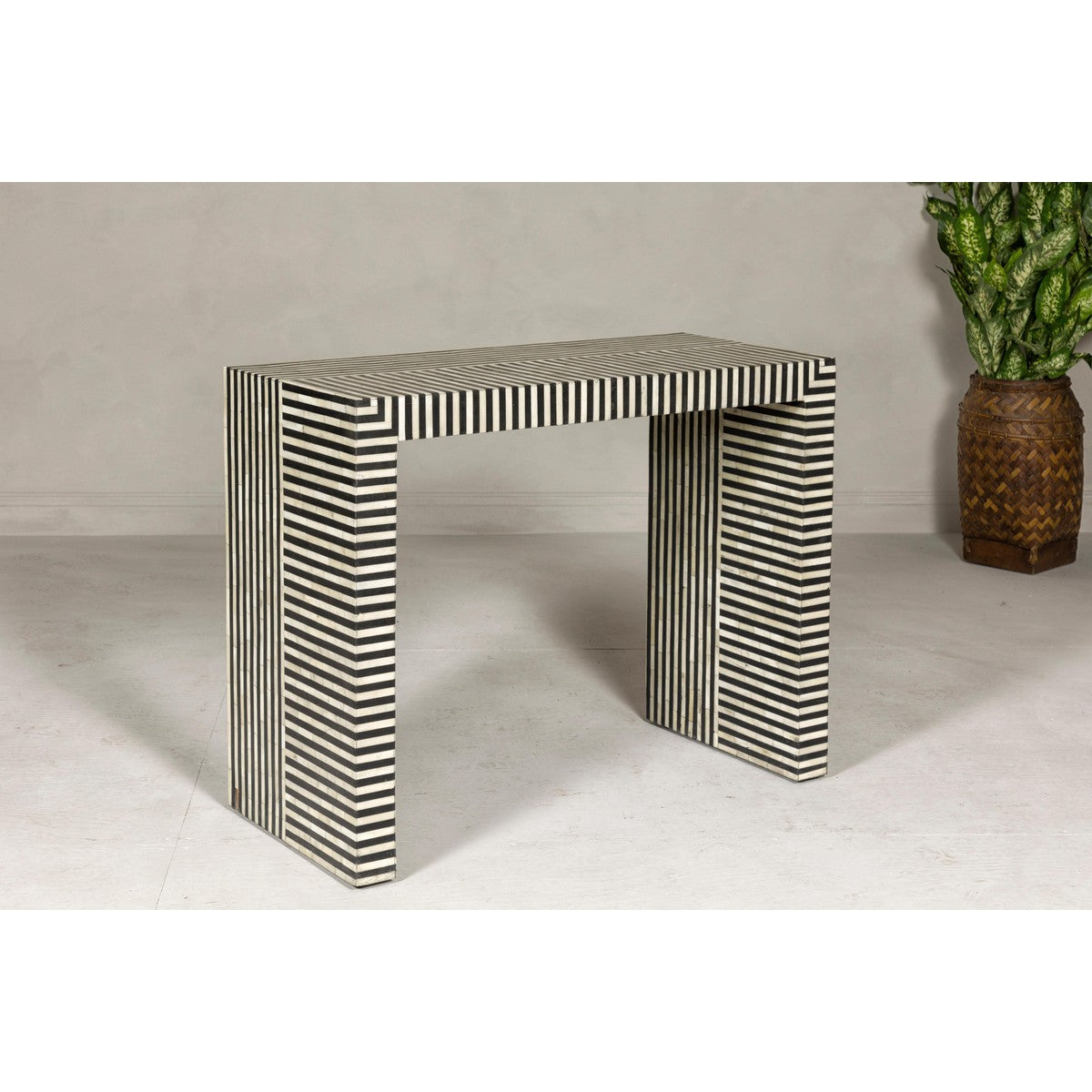Contemporary Minimalist White and Black Striped Console Table with Bone Inlay-13. Asian & Chinese Furniture, Art, Antiques, Vintage Home Décor for sale at FEA Home