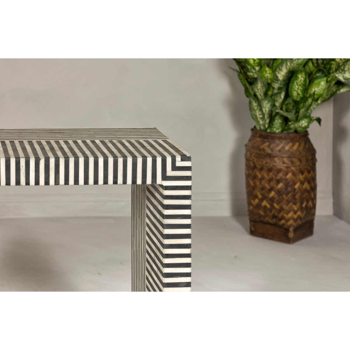 Contemporary Minimalist White and Black Striped Console Table with Bone Inlay-6. Asian & Chinese Furniture, Art, Antiques, Vintage Home Décor for sale at FEA Home