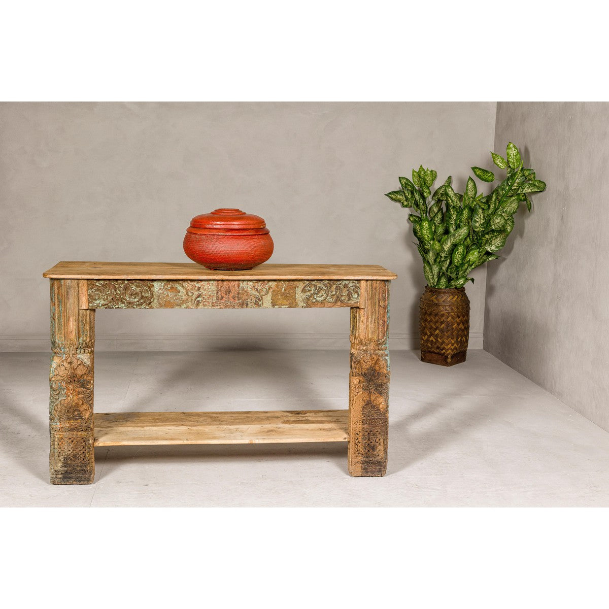 Mughal Style Distressed Polychrome Console Table with Carved Apron with Shelf-10. Asian & Chinese Furniture, Art, Antiques, Vintage Home Décor for sale at FEA Home