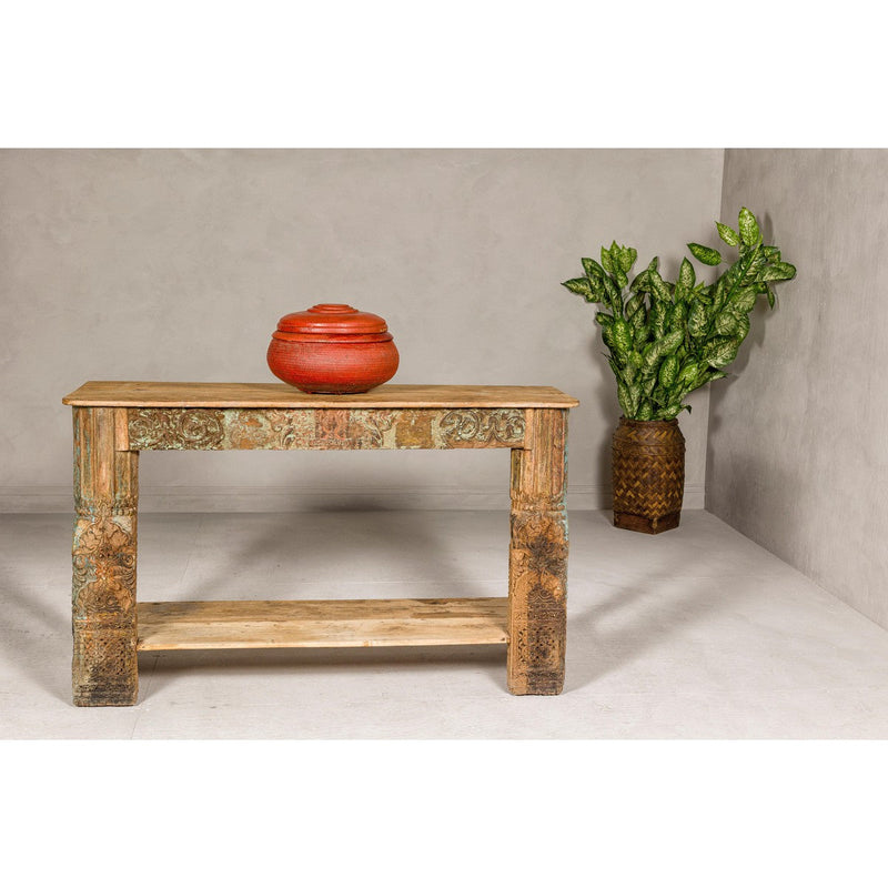 Mughal Style Distressed Polychrome Console Table with Carved Apron with Shelf-YN8001-10. Asian & Chinese Furniture, Art, Antiques, Vintage Home Décor for sale at FEA Home