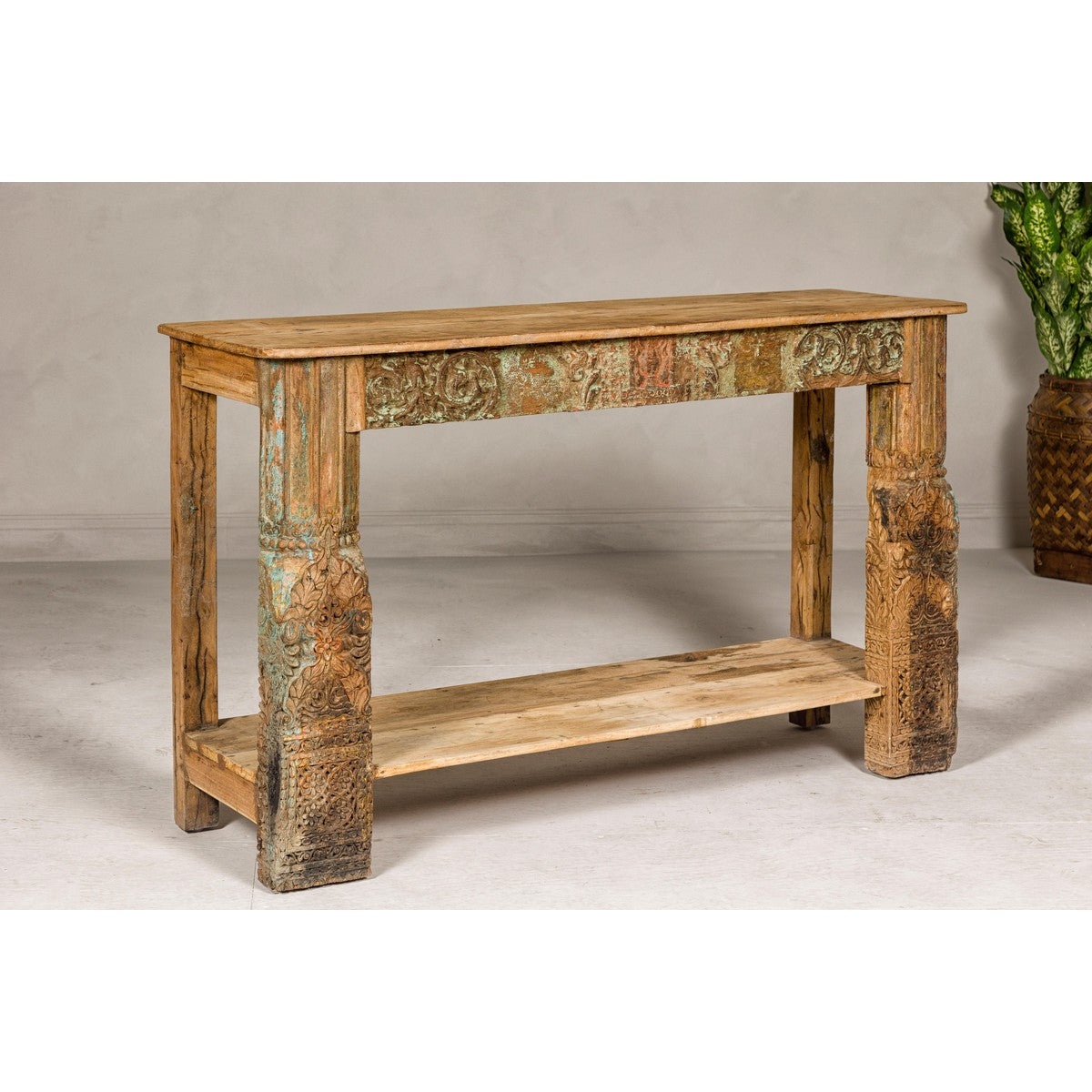 Mughal Style Distressed Polychrome Console Table with Carved Apron with Shelf-11. Asian & Chinese Furniture, Art, Antiques, Vintage Home Décor for sale at FEA Home