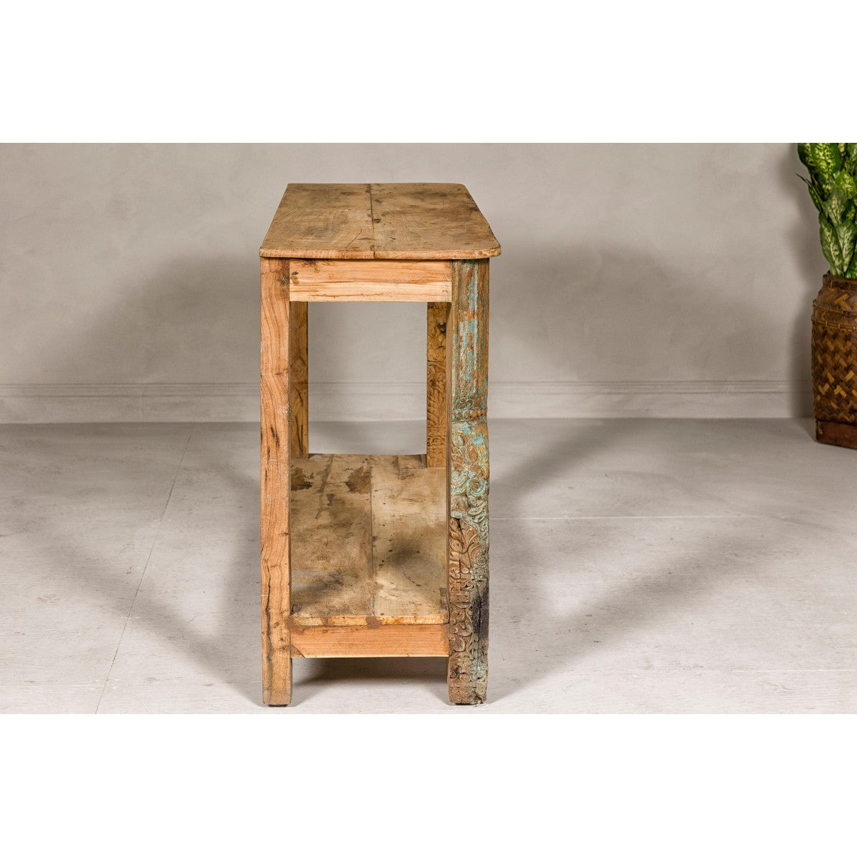 Mughal Style Distressed Polychrome Console Table with Carved Apron with Shelf-13. Asian & Chinese Furniture, Art, Antiques, Vintage Home Décor for sale at FEA Home