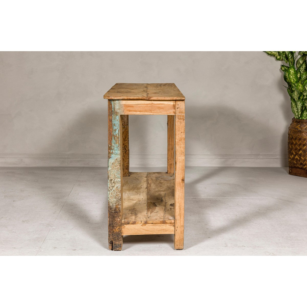Mughal Style Distressed Polychrome Console Table with Carved Apron with Shelf-17. Asian & Chinese Furniture, Art, Antiques, Vintage Home Décor for sale at FEA Home