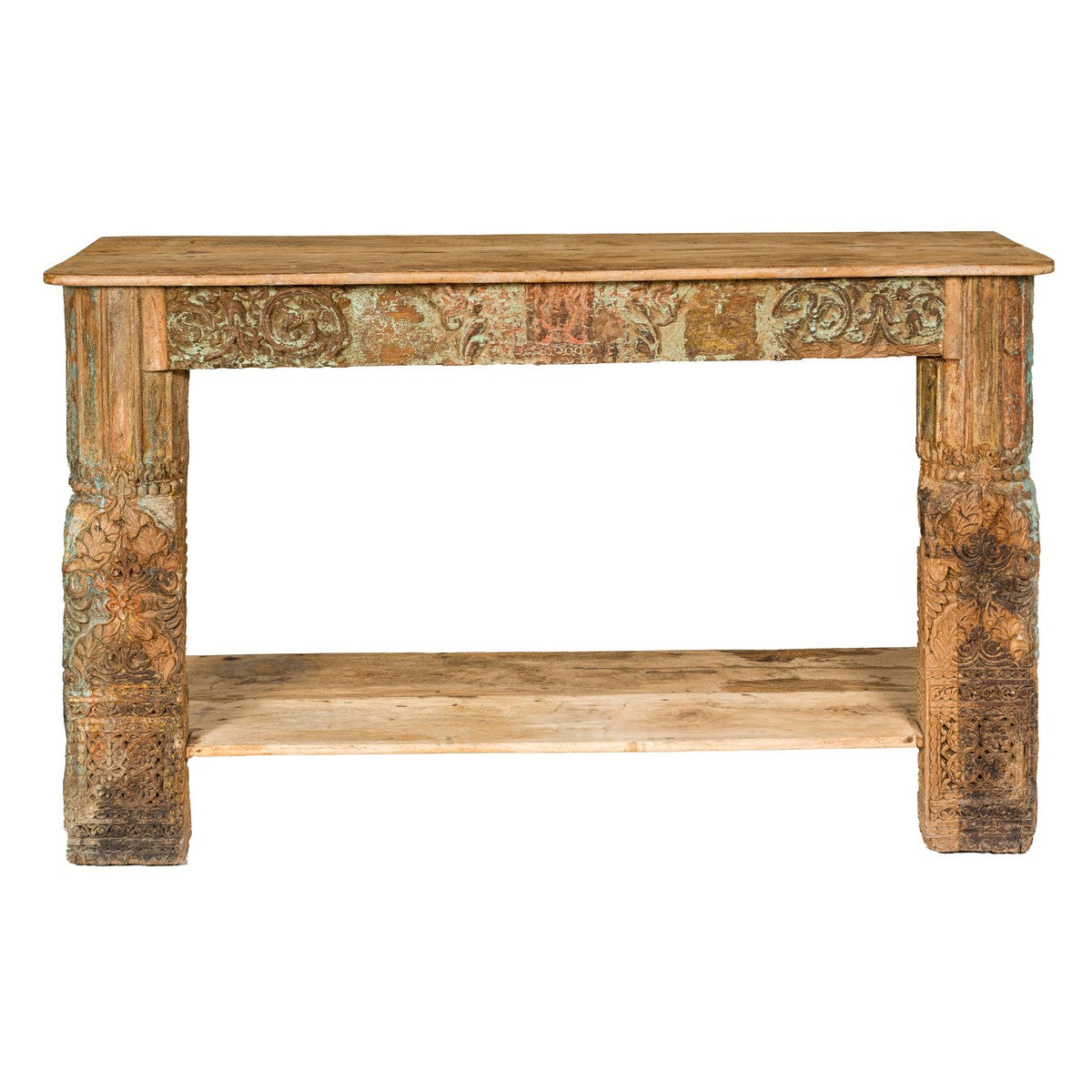 Mughal Style Distressed Polychrome Console Table with Carved Apron with Shelf-18. Asian & Chinese Furniture, Art, Antiques, Vintage Home Décor for sale at FEA Home