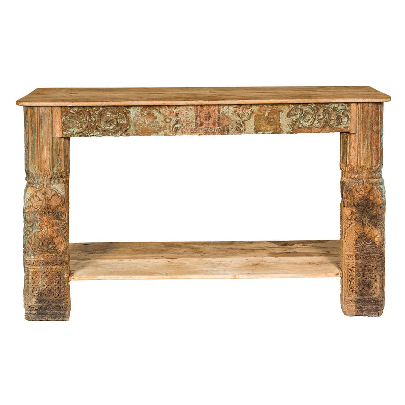 Mughal Style Distressed Polychrome Console Table with Carved Apron with Shelf-YN8001-18. Asian & Chinese Furniture, Art, Antiques, Vintage Home Décor for sale at FEA Home