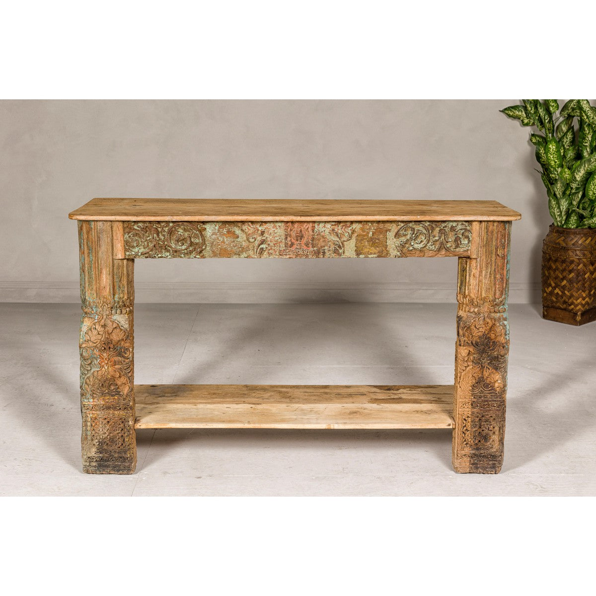 Mughal Style Distressed Polychrome Console Table with Carved Apron with Shelf-2. Asian & Chinese Furniture, Art, Antiques, Vintage Home Décor for sale at FEA Home