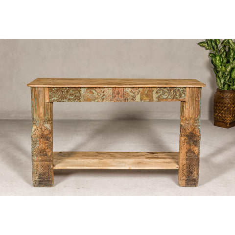 Mughal Style Distressed Polychrome Console Table with Carved Apron with Shelf-YN8001-2. Asian & Chinese Furniture, Art, Antiques, Vintage Home Décor for sale at FEA Home