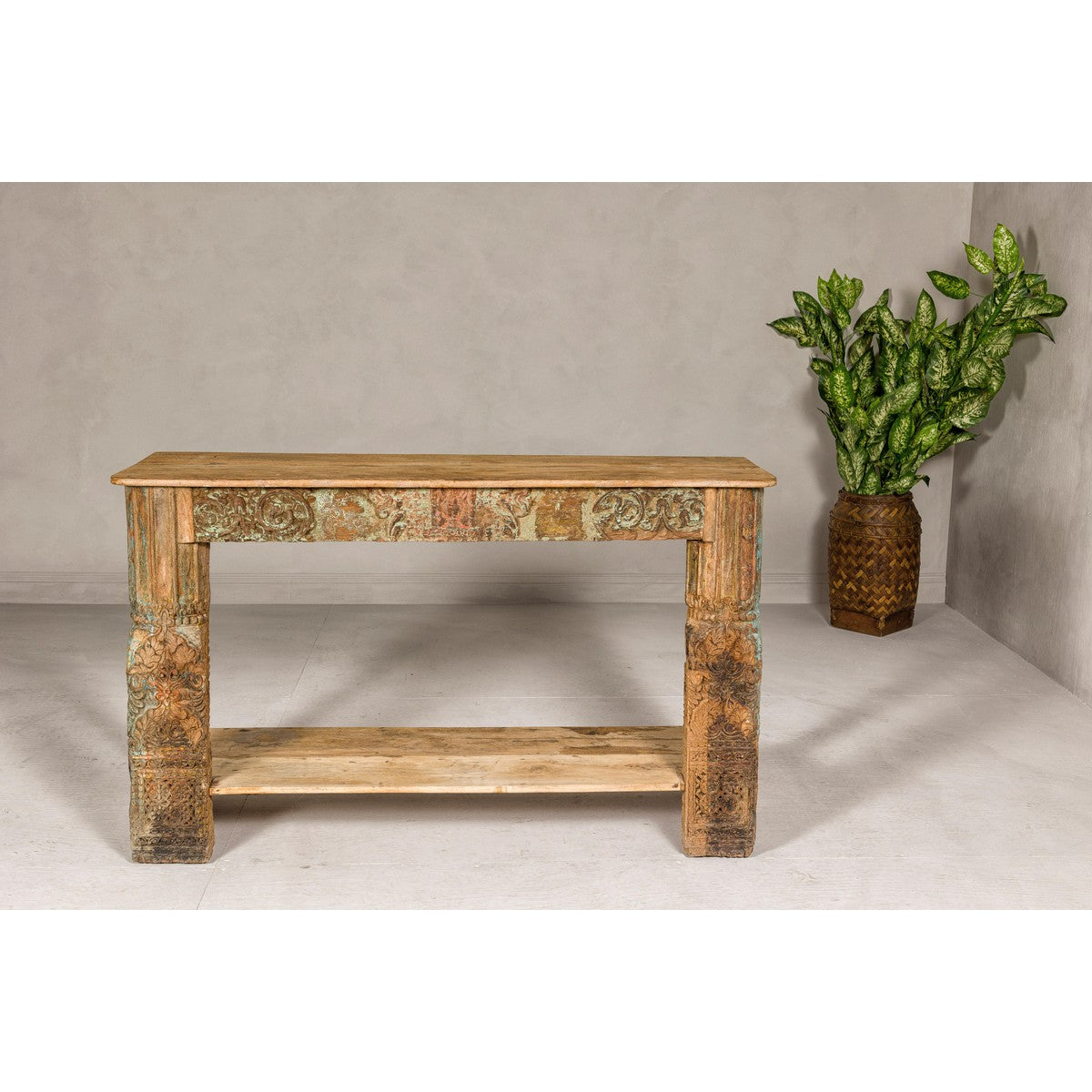 Mughal Style Distressed Polychrome Console Table with Carved Apron with Shelf-3. Asian & Chinese Furniture, Art, Antiques, Vintage Home Décor for sale at FEA Home