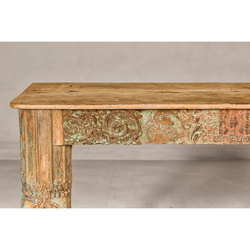 Mughal Style Distressed Polychrome Console Table with Carved Apron with Shelf-YN8001-4. Asian & Chinese Furniture, Art, Antiques, Vintage Home Décor for sale at FEA Home