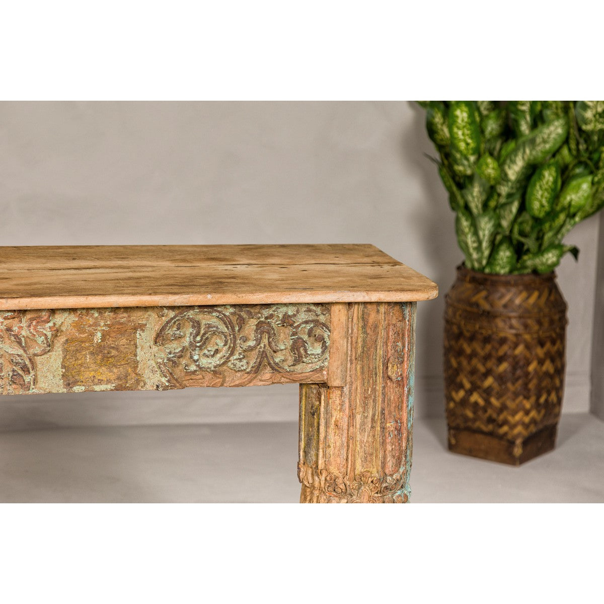 Mughal Style Distressed Polychrome Console Table with Carved Apron with Shelf-5. Asian & Chinese Furniture, Art, Antiques, Vintage Home Décor for sale at FEA Home