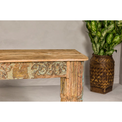 Mughal Style Distressed Polychrome Console Table with Carved Apron with Shelf-YN8001-5. Asian & Chinese Furniture, Art, Antiques, Vintage Home Décor for sale at FEA Home