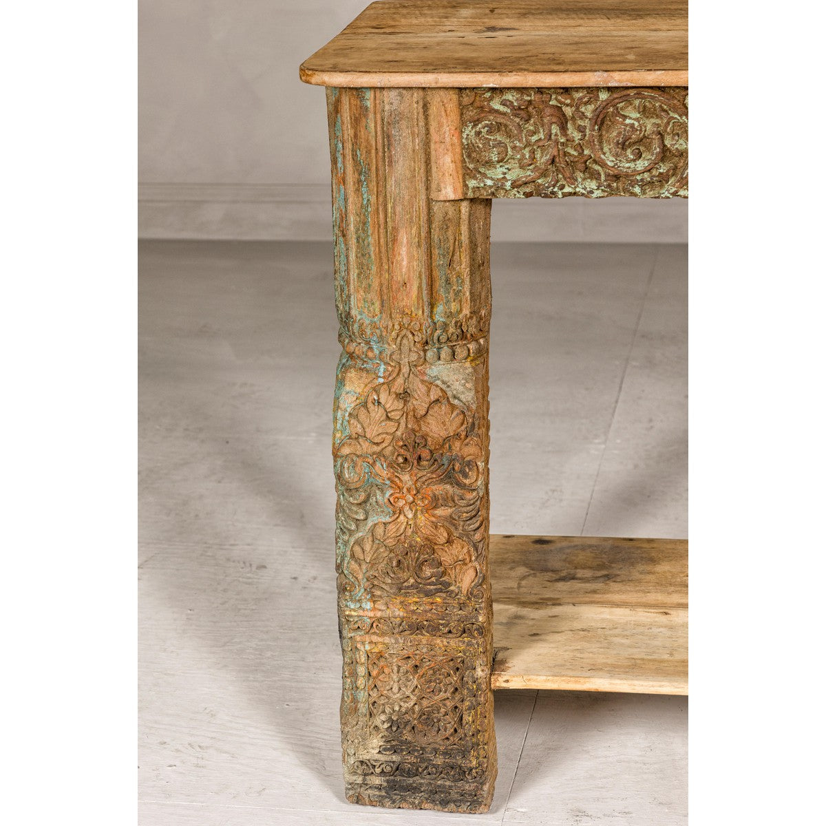 Mughal Style Distressed Polychrome Console Table with Carved Apron with Shelf-6. Asian & Chinese Furniture, Art, Antiques, Vintage Home Décor for sale at FEA Home