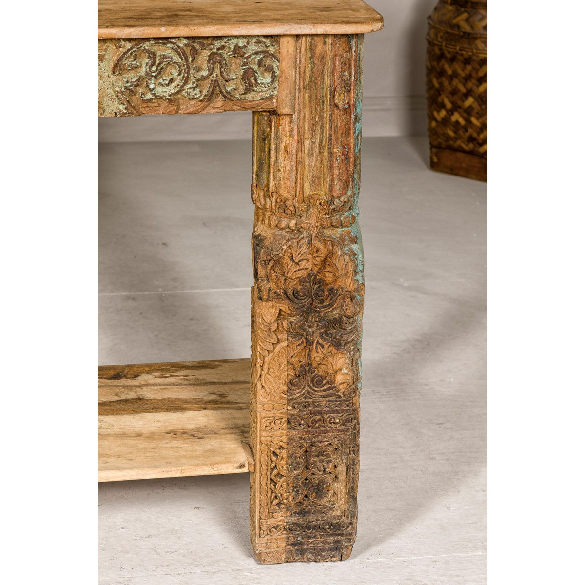 Mughal Style Distressed Polychrome Console Table with Carved Apron with Shelf-7. Asian & Chinese Furniture, Art, Antiques, Vintage Home Décor for sale at FEA Home