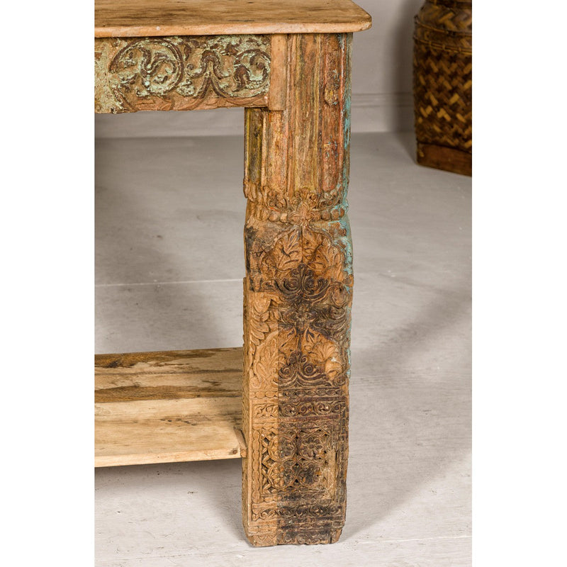 Mughal Style Distressed Polychrome Console Table with Carved Apron with Shelf-YN8001-7. Asian & Chinese Furniture, Art, Antiques, Vintage Home Décor for sale at FEA Home
