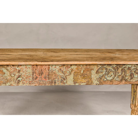 Mughal Style Distressed Polychrome Console Table with Carved Apron with Shelf-YN8001-8. Asian & Chinese Furniture, Art, Antiques, Vintage Home Décor for sale at FEA Home