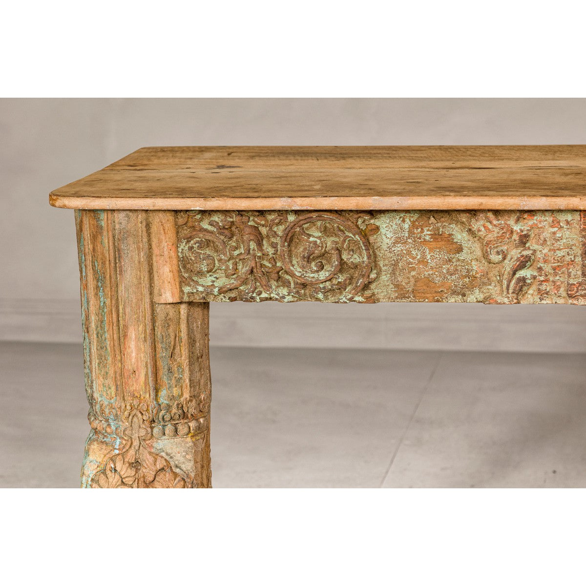 Mughal Style Distressed Polychrome Console Table with Carved Apron with Shelf-9. Asian & Chinese Furniture, Art, Antiques, Vintage Home Décor for sale at FEA Home