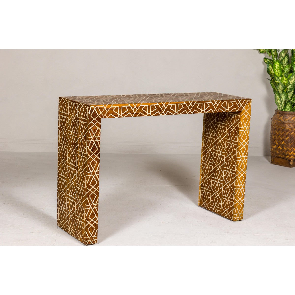 Handmade Mango Wood Linear Console Table with Geometric Bone Inlay-11. Asian & Chinese Furniture, Art, Antiques, Vintage Home Décor for sale at FEA Home