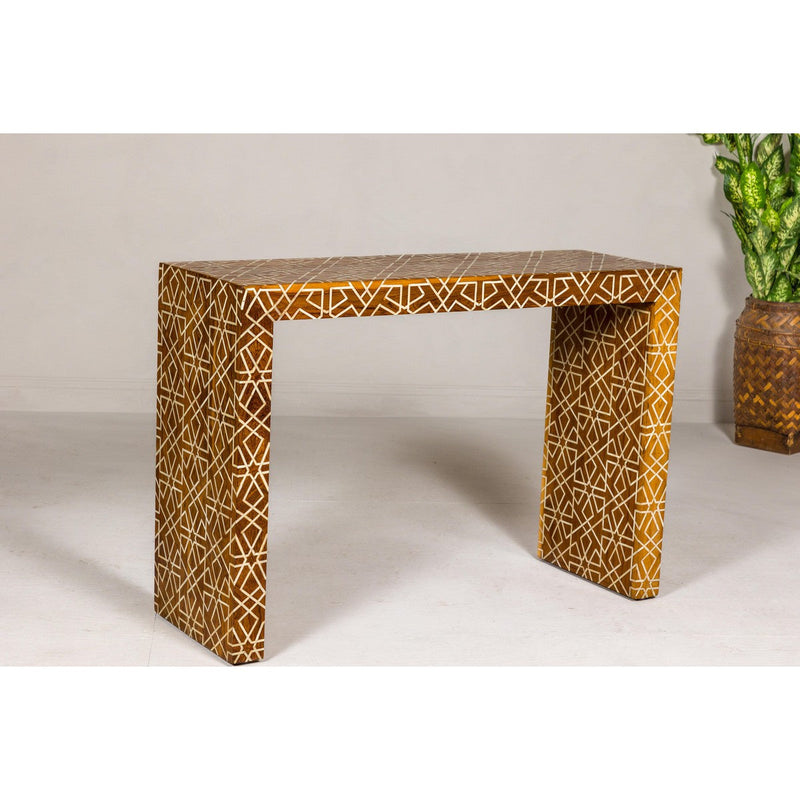 Handmade Mango Wood Linear Console Table with Geometric Bone Inlay-YN8006-11. Asian & Chinese Furniture, Art, Antiques, Vintage Home Décor for sale at FEA Home
