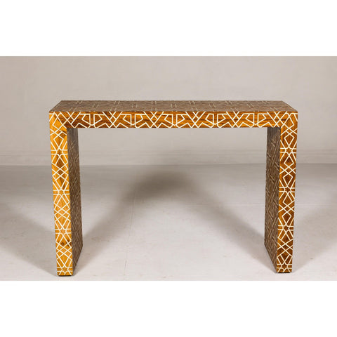 Handmade Mango Wood Linear Console Table with Geometric Bone Inlay-YN8006-16. Asian & Chinese Furniture, Art, Antiques, Vintage Home Décor for sale at FEA Home