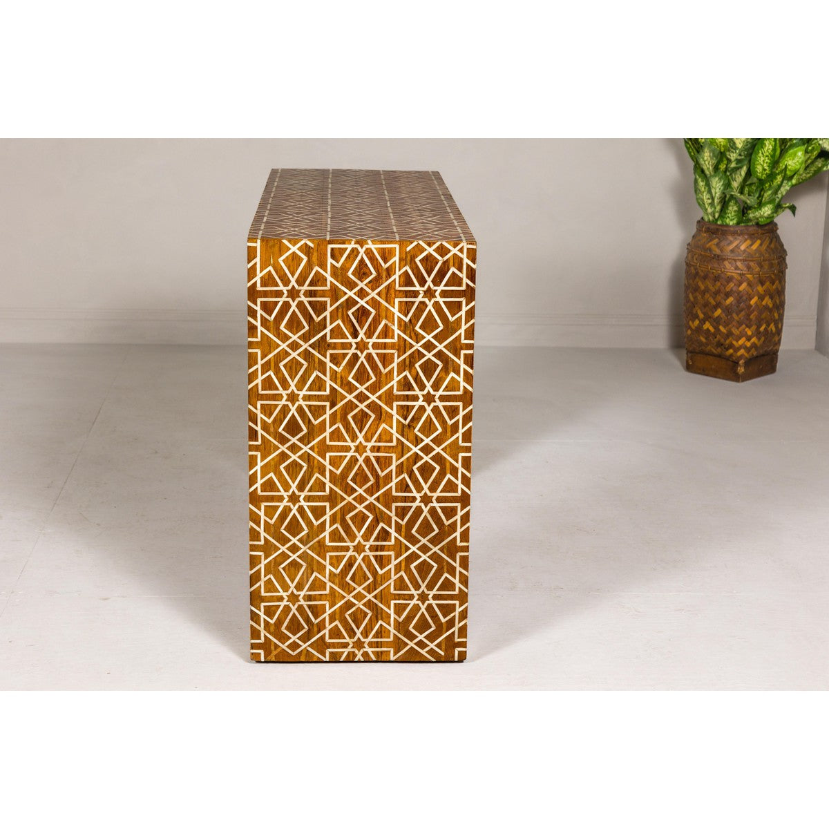 Handmade Mango Wood Linear Console Table with Geometric Bone Inlay-17. Asian & Chinese Furniture, Art, Antiques, Vintage Home Décor for sale at FEA Home