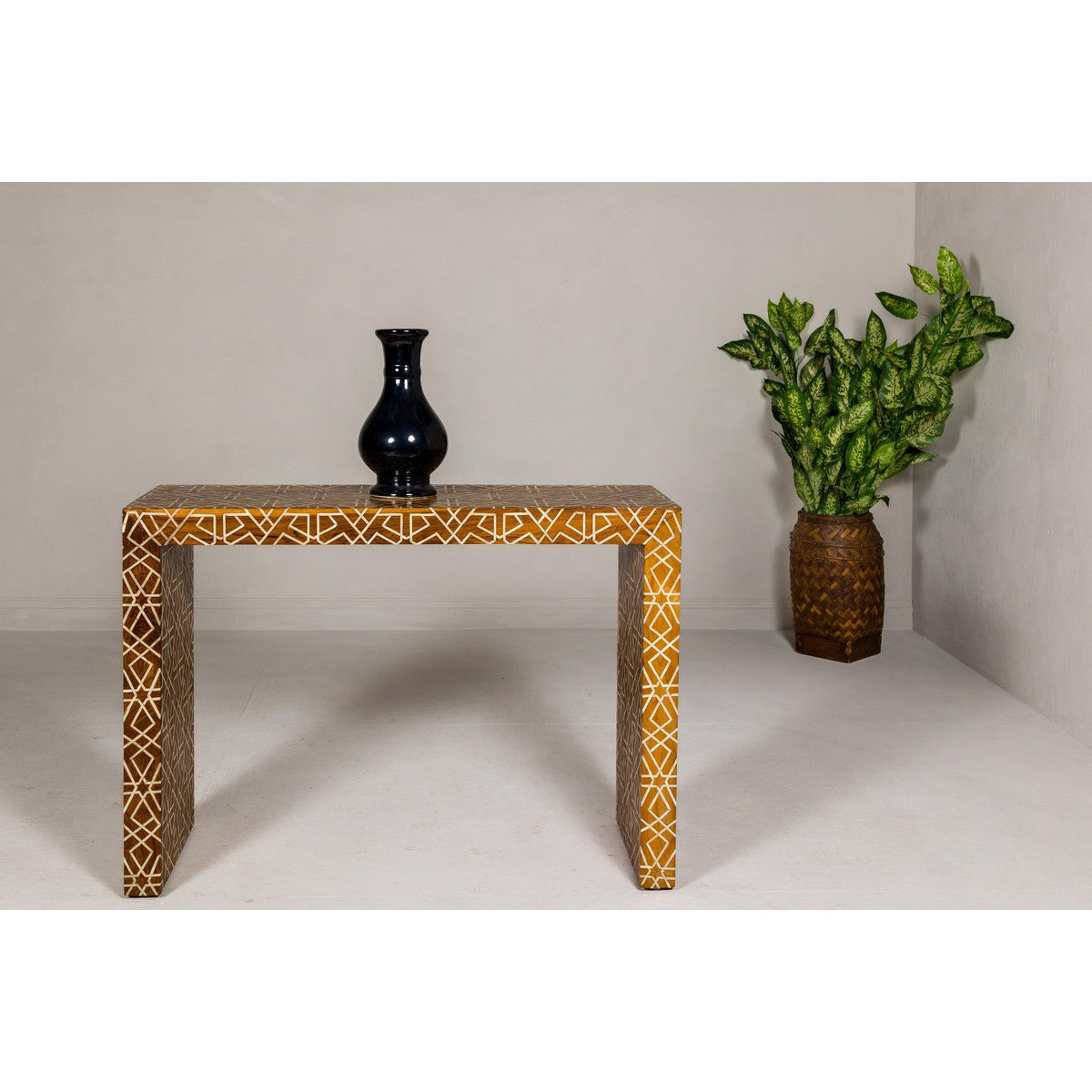 Handmade Mango Wood Linear Console Table with Geometric Bone Inlay-2. Asian & Chinese Furniture, Art, Antiques, Vintage Home Décor for sale at FEA Home