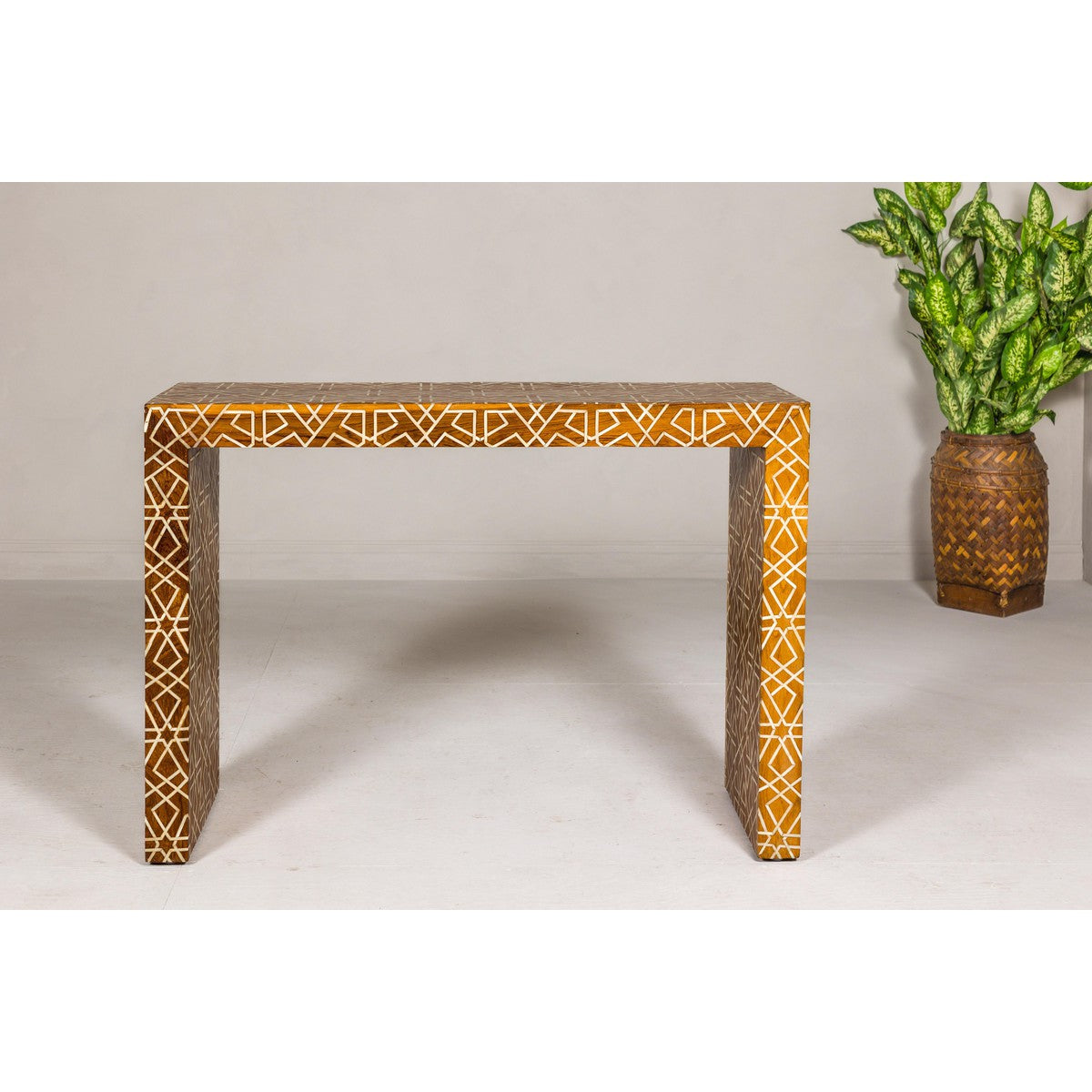 Handmade Mango Wood Linear Console Table with Geometric Bone Inlay-3. Asian & Chinese Furniture, Art, Antiques, Vintage Home Décor for sale at FEA Home