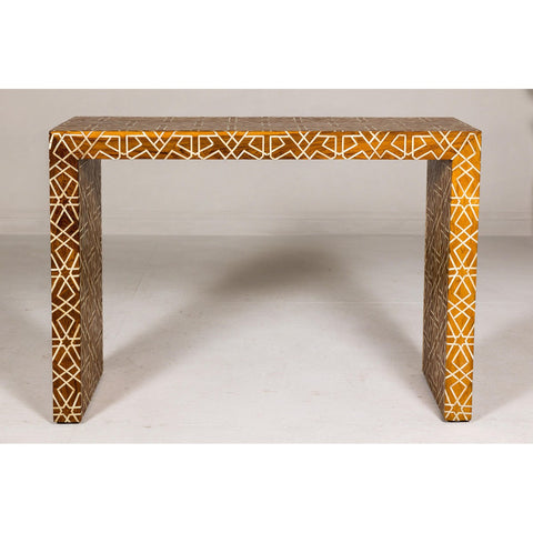 Handmade Mango Wood Linear Console Table with Geometric Bone Inlay-YN8006-4. Asian & Chinese Furniture, Art, Antiques, Vintage Home Décor for sale at FEA Home